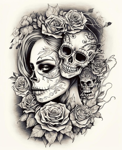 Um desenho preto e branco de uma mulher e uma caveira com rosas.