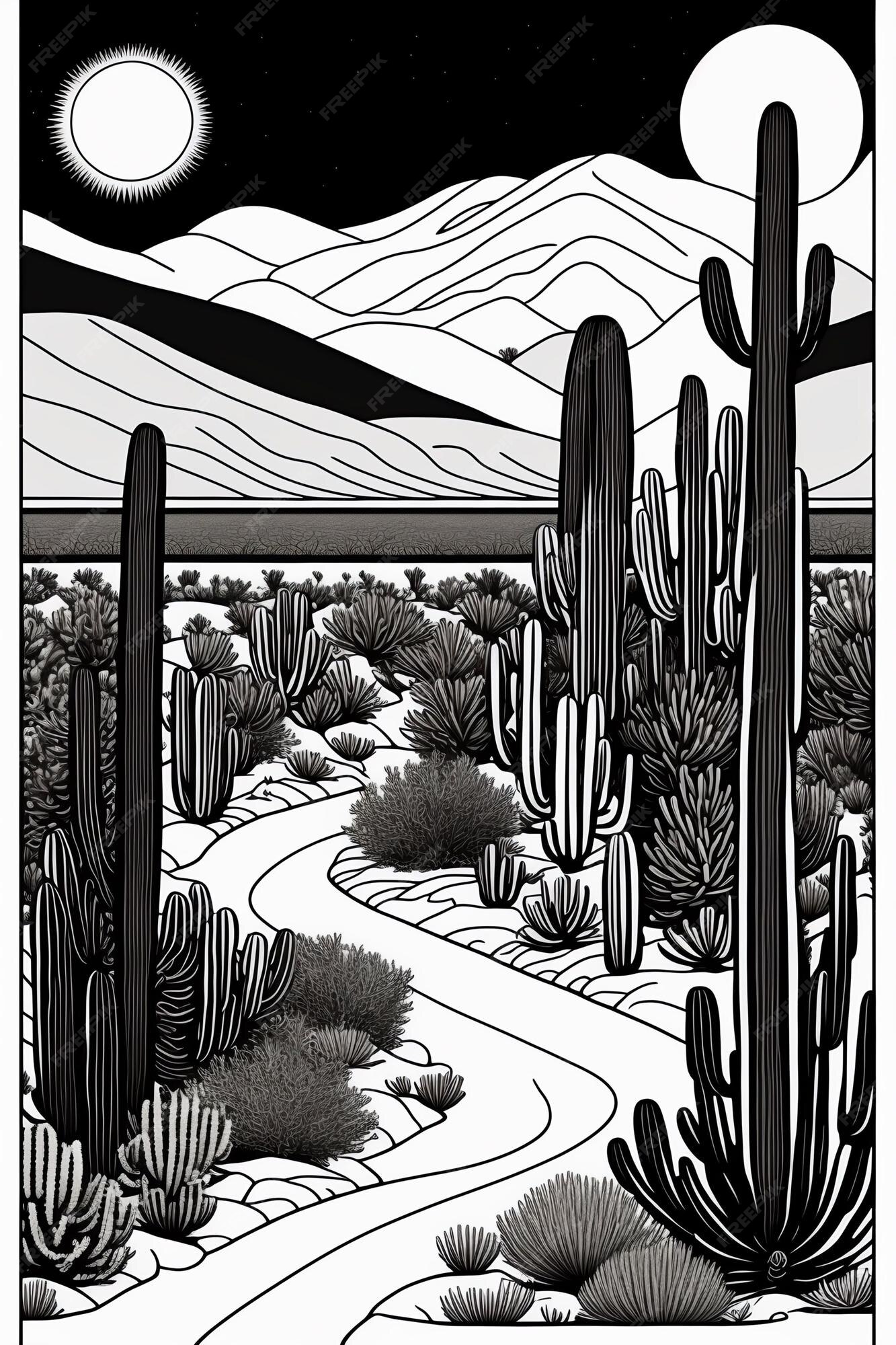 Paisagem com Cactos - Desenho em preto e branco 