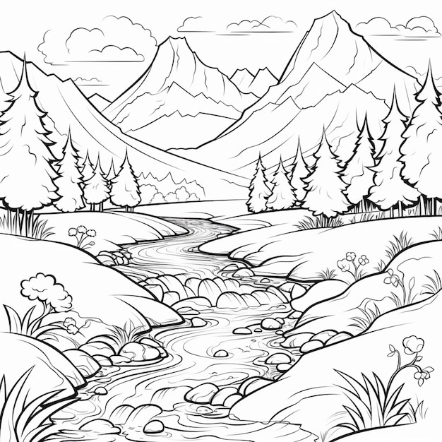 Um desenho preto e branco de uma paisagem montanhosa com um riacho generativo ai