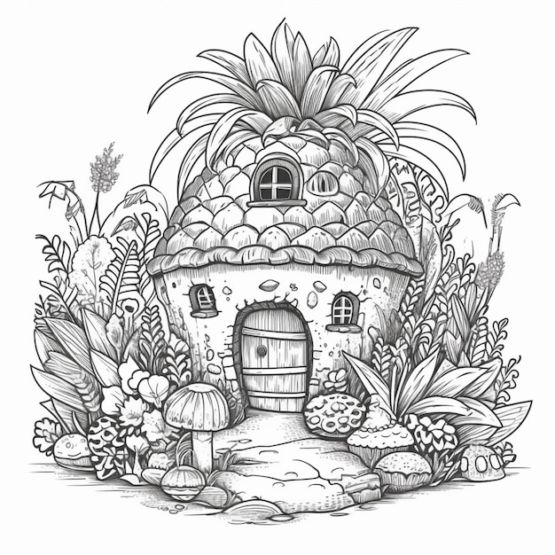 Um desenho preto e branco de uma pequena casa cercada por plantas generativas ai