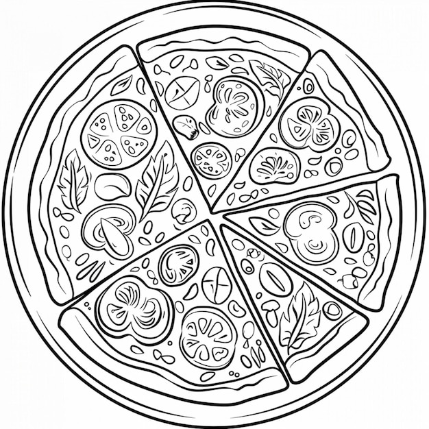 Foto um desenho preto e branco de uma pizza com as palavras 