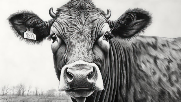 Um desenho preto e branco de uma vaca com a língua de fora.