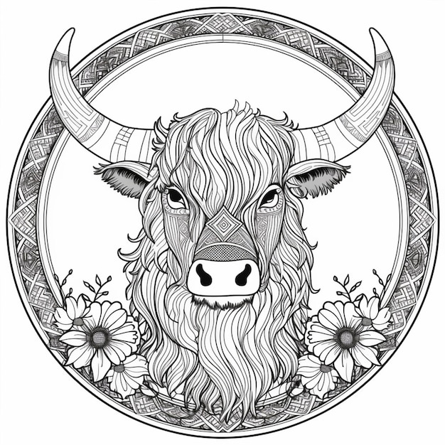 Um desenho preto e branco de uma vaca com cabelo comprido generativo ai