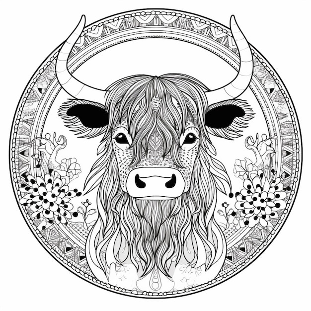 Um desenho preto e branco de uma vaca com chifres em um círculo generativo ai