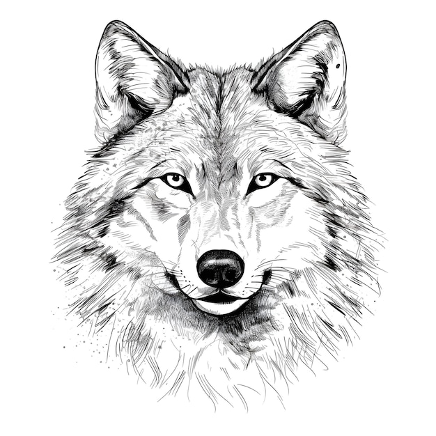 Um desenho preto e branco do rosto de um lobo.