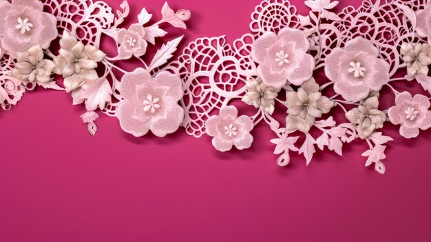 Um desenho romântico e elegante de um fundo rosa com uma borda de renda branca feita de flores