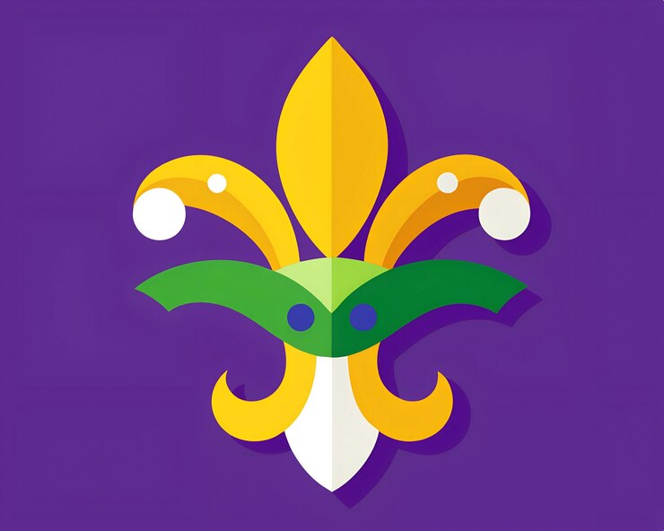 Foto um desenho roxo e amarelo de uma flor com mardi gras single element