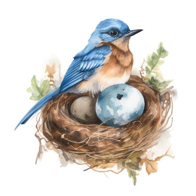 Um desenho simples de um pássaro azul usando um ninho lavado em aquarela com ovos na cabeça no estilo de Beatrix Potter em fundo branco Gerar Ai
