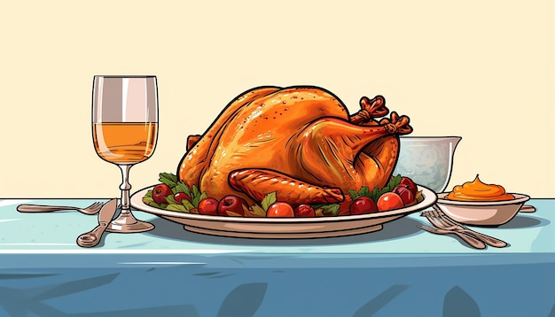 um desenho simples e fofo de um peru sentado em um jantar de ação de graças
