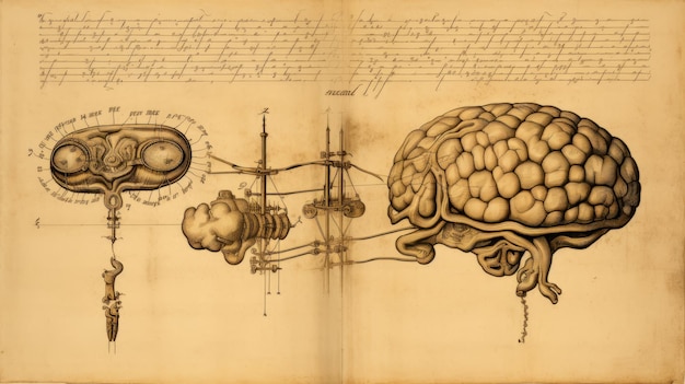 Um desenho técnico vintage de partes de um corpo humano no estilo dos esboços de da Vinci