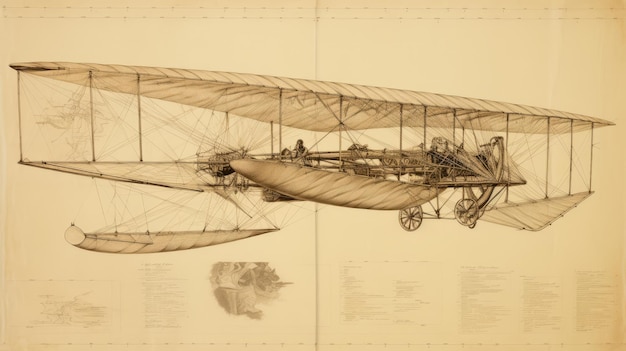 Foto um desenho técnico vintage de um transporte de avião no estilo de esboços de leonardo da vinci