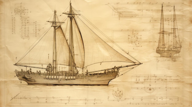 Um desenho técnico vintage de um transporte de navio no estilo de esboços de leonardo da vinci