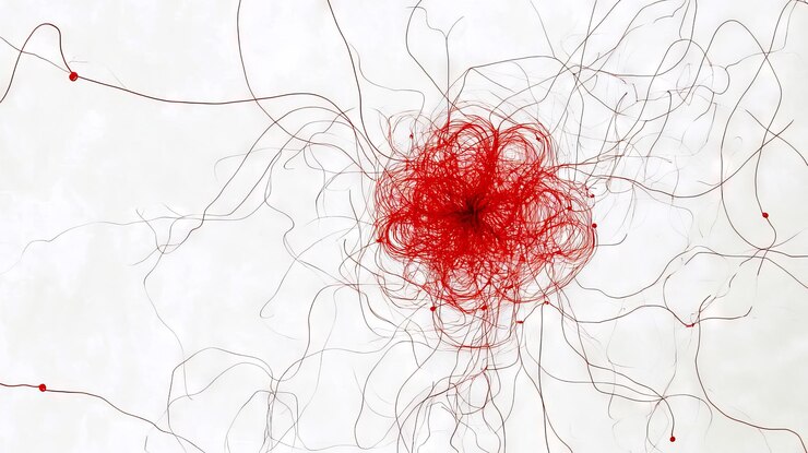 Foto um desenho vermelho e branco de uma flor feita de linhas vermelhas
