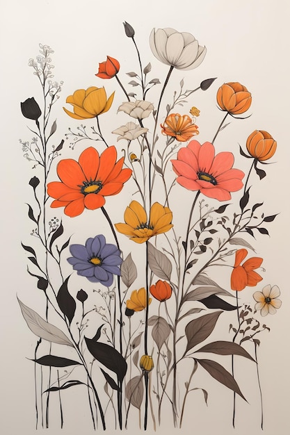 Um desenho vibrante e minimalista de flores com costas arqueadas