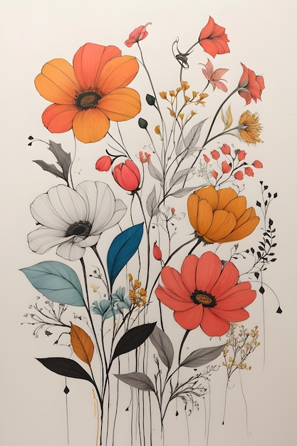 Um desenho vibrante e minimalista de flores com costas arqueadas