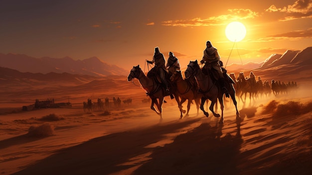 um deserto cheio de areia e os camelos lá dentro e o povo árabe montando sobre ele e na parte de trás