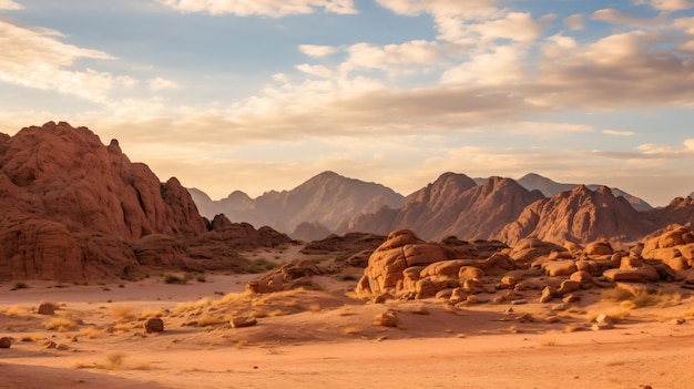 um deserto com algumas pedras e alguns arbustos