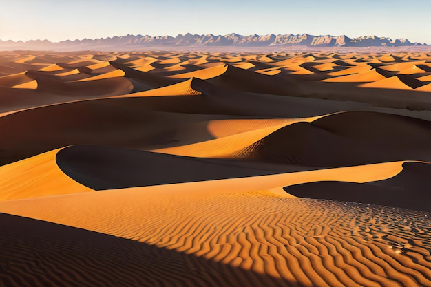 Um deserto com dunas de areia e montanhas ao fundo