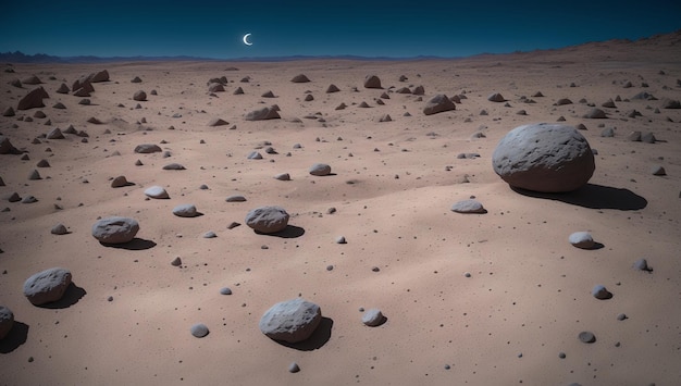 Foto um deserto com pedras e uma lua no céu