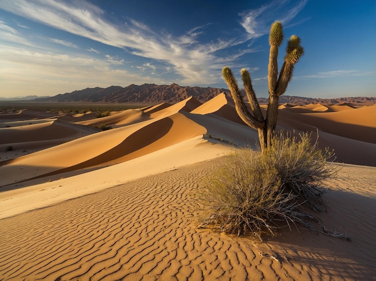 Foto um deserto com um cacto e um deserto ao fundo