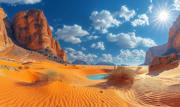 Um deserto com um céu azul e nuvens