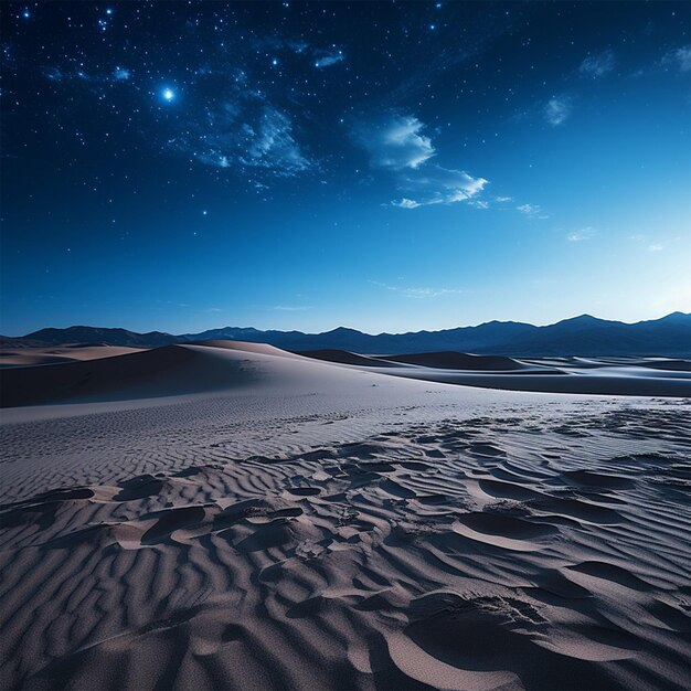 Foto um deserto com um céu estrelado e montanhas ao fundo