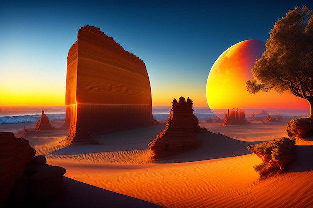 Um deserto com um planeta gigante ao fundo