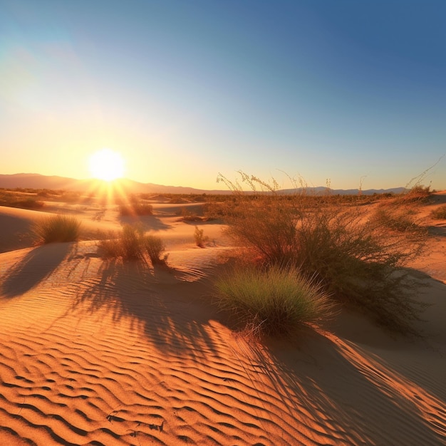 um deserto com um sol se pondo atrás de um arbusto e uma paisagem desértica.