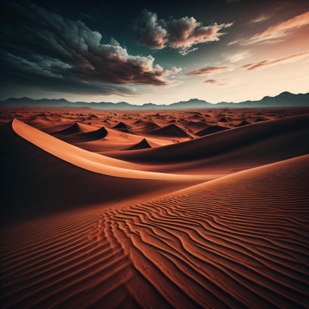 Um deserto com uma duna de areia e montanhas ao fundo.