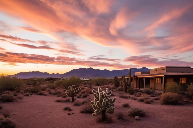 Foto um deserto com uma planta de cacto em primeiro plano e um edifício em segundo plano