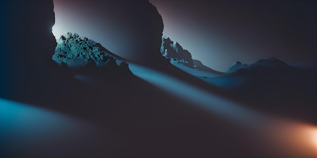 Um deserto escuro com montanhas e um céu azul