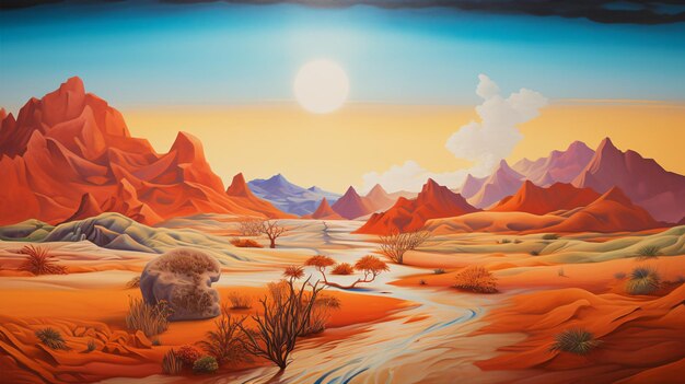 Um deserto surrealista com cores vivas