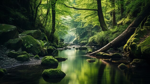 Um desfiladeiro sereno e tranquilo numa bela floresta verde