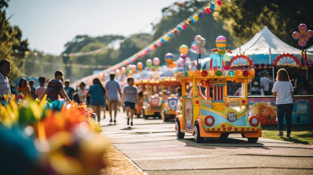 Um desfile animado com um carro colorido vibrante dirigindo pela rua cercado por multidões entusiastas
