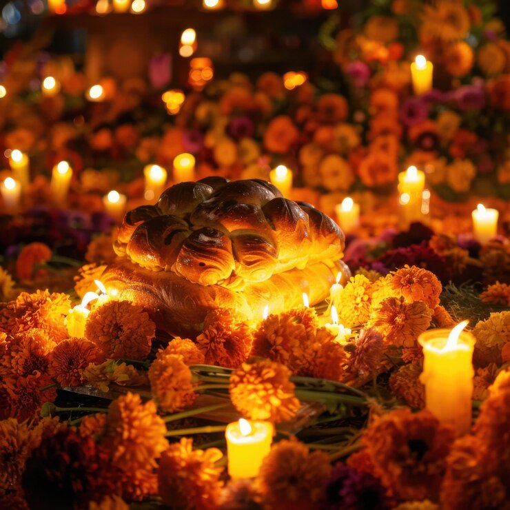 Foto um desfile animado do dia dos mortos com esqueletos, flores de margarida e trajes vibrantes.