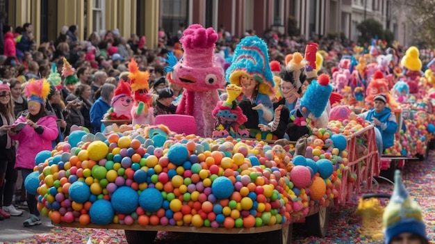 Um desfile com pessoas em fantasias coloridas e uma delas com um grande número de bolas.