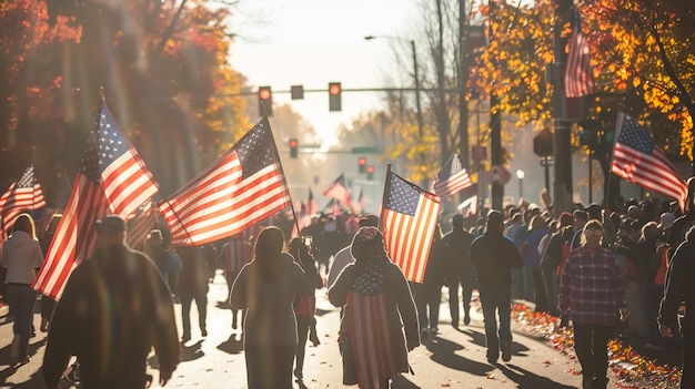 Foto um desfile com uma bandeira americana no memorial day