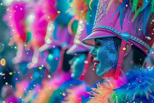 Um desfile encantador com uma banda de marchas brilhantes de cores de néon