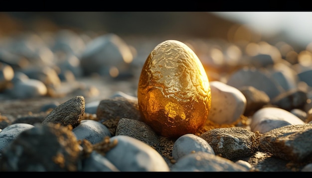 Foto um design 3d minimalista com um ovo de páscoa dourado aninhado entre pedras