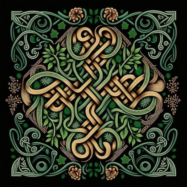 Um design celta verde e dourado com uma cobra