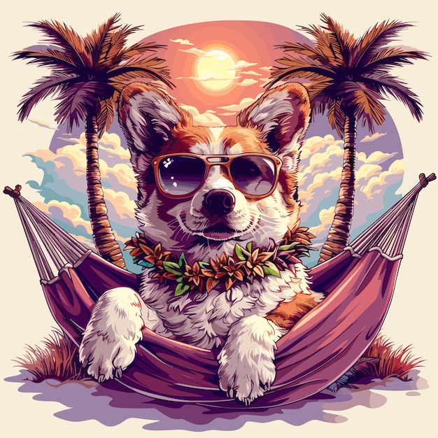 Um design charmoso com um cão usando óculos de sol e um lei descansando em uma hamaca entre dois pa