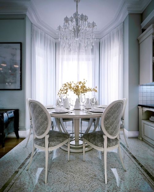 Um design clássico de área de jantar com mesa redonda e cadeiras perto da janela