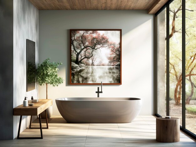 Foto um design de banheiro de luxo moderno com uma banheira elegante e grandes janelas com luz natural ilustração generativa ai