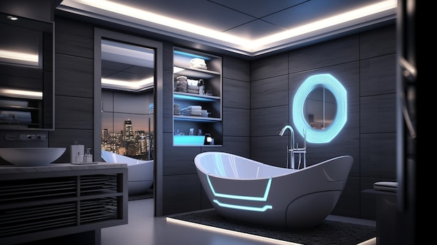 Um design de banheiro elegante e futurista com uma paleta de cores monocromática com acessórios de alta tecnologia