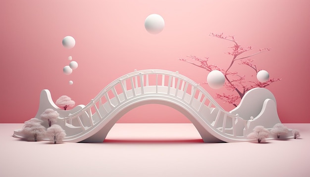 um design de cartaz minimal 3D com uma ponte delicada, mas robusta, construída a partir de fem