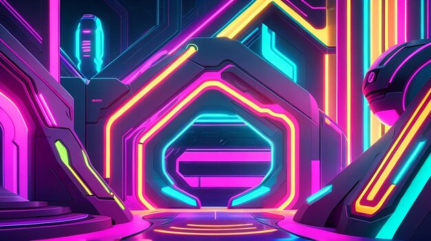 Um design de fundo futurista com uma mistura de cores neon e formas futuristas