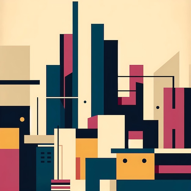 Um design de fundo minimalista em Ilustração representando uma paisagem urbana abstrata com formas geométricas