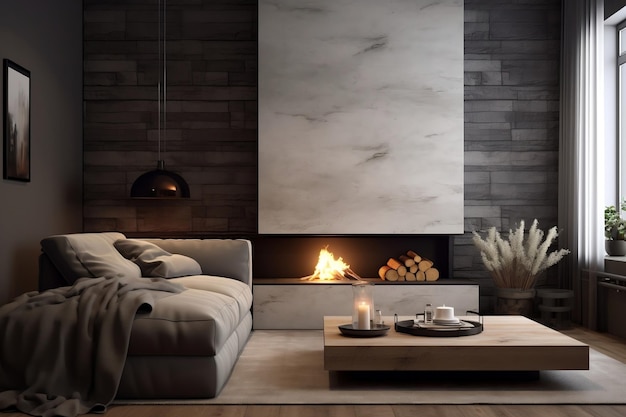 Um design de interiores moderno da sala de estar com lareira Generative Ai