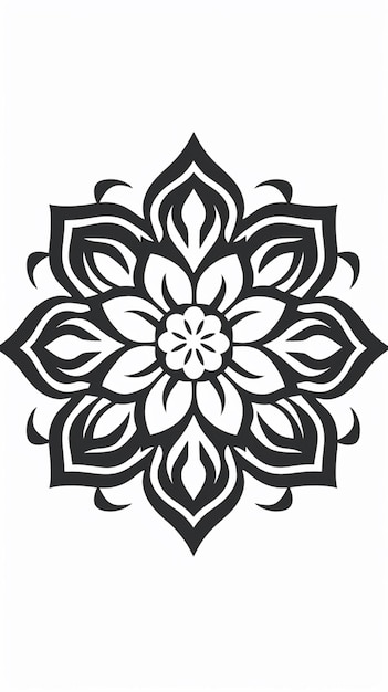 Um design de mandala preto e branco com um desenho de flor nele.