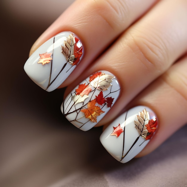 um design de Nail Art com folhas e uma folha
